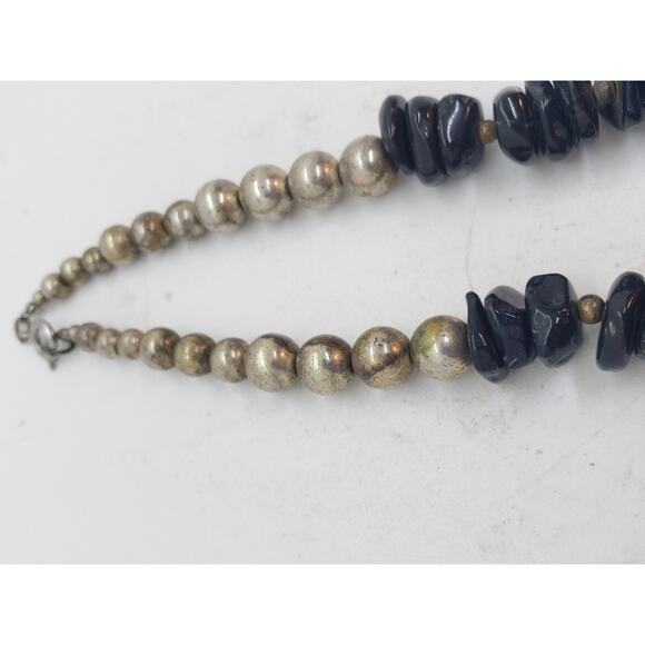 Chunky Black Onyx Statement Necklace Metal Discs Spikes Silver Plated Beads Boho - Picture 11 of 14